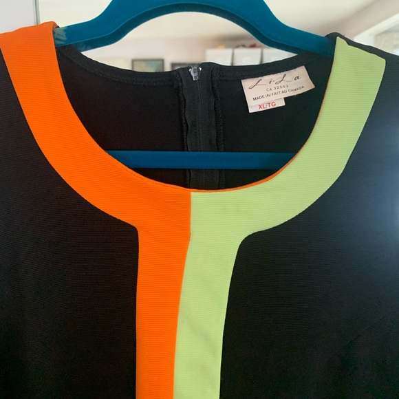 Vintage Mod Mini Dress - Black with Green and Orange Stripes - Picture 4 of 6